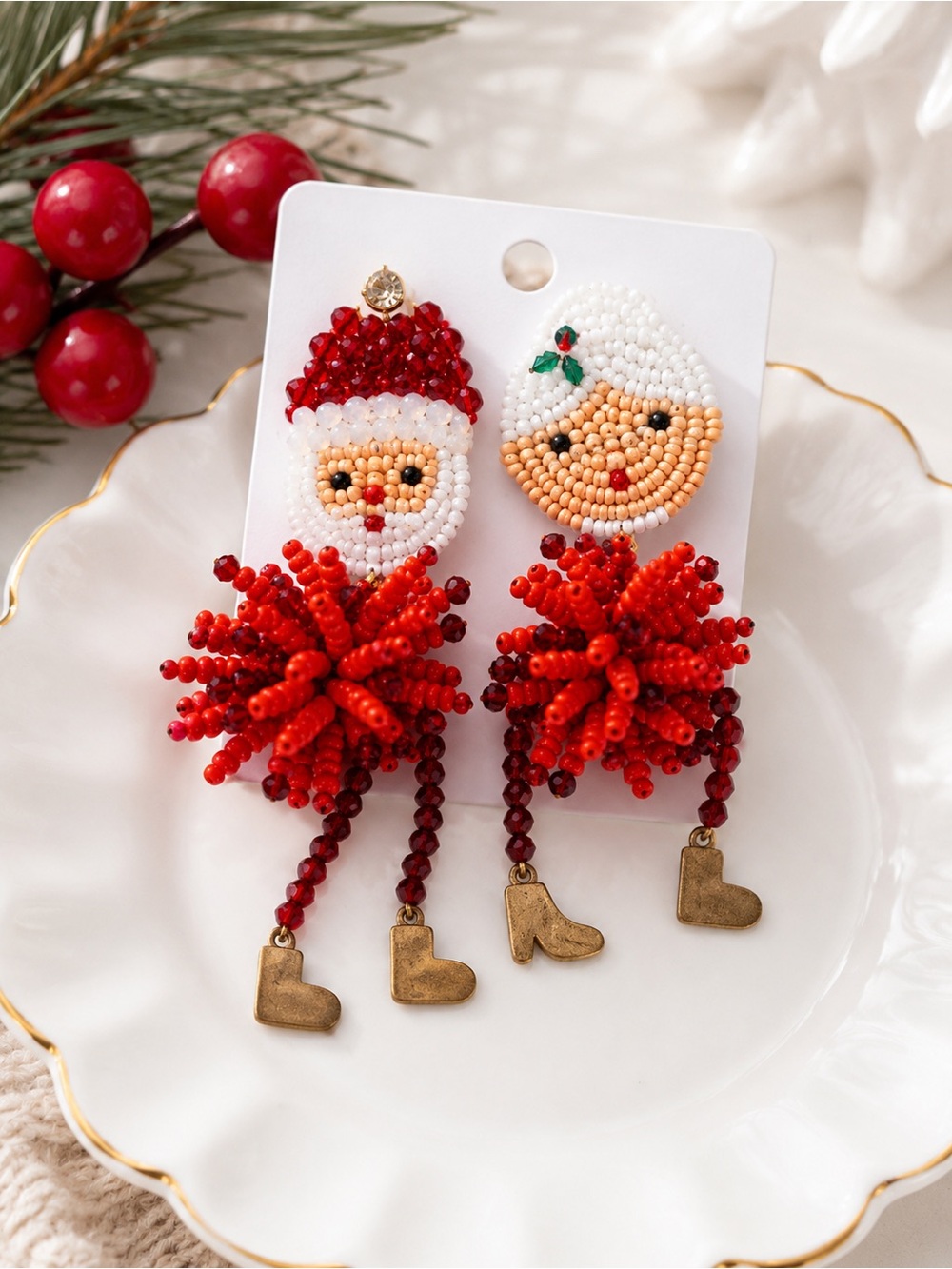 Festive Santa & Mrs. Claus Red Beaded Drop Earrings